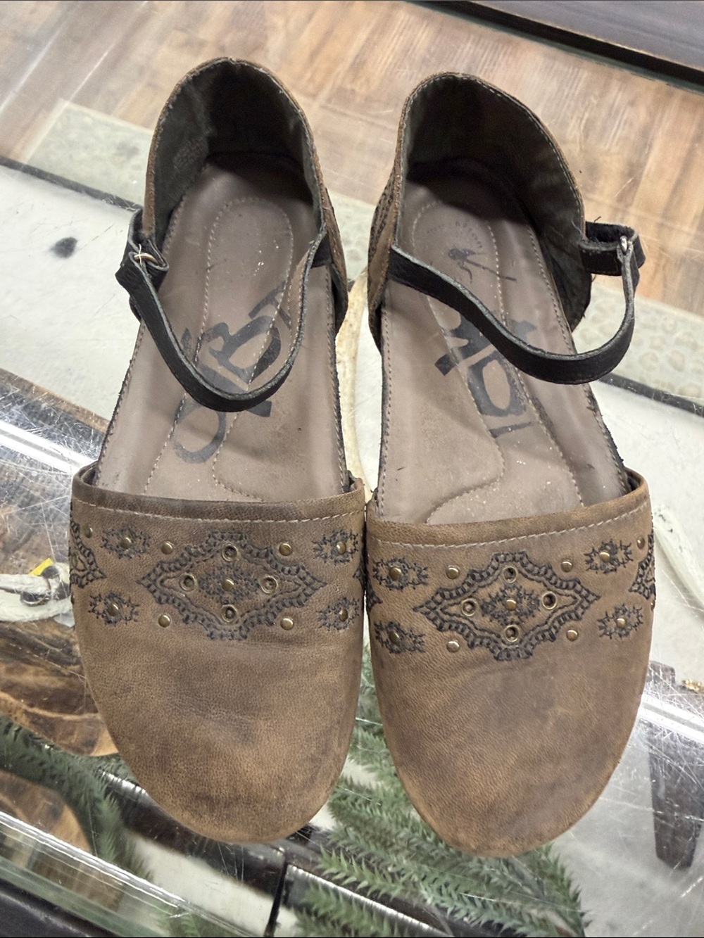 OTBT Brown Embroidered Stud Mary Jane Clogs with Ankle Strap